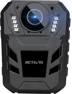 A black body camera with a lens and lights on the front.