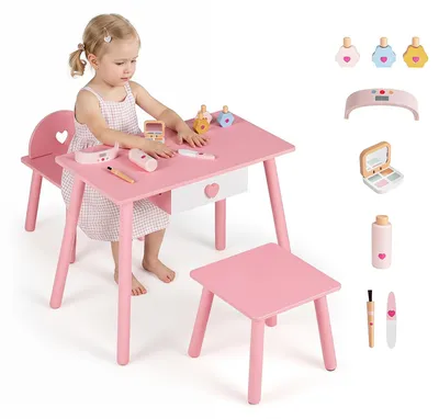 Obrázek produktu pro COSTWAY Dětský stolek na manikúru, sada pro manikúru, stolek s prostorem pro oční stíny, štětce na make-up, sušička na nehty, 3 laky na nehty pro děti ve věku 3-7 let