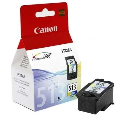 A Canon Pixma CL-513 color ink cartridge and its packaging are shown against a white background.