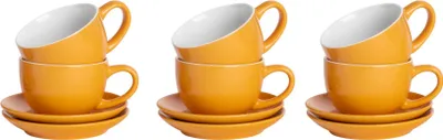 Produktbild von Argon Ta 12-teiliges farbiges Cappuccinotassen- und Untertassen-Set – 250 ml – Gelb – Robuste Teetasse aus Steingut, spülmaschinen- und mikrowellengeeignet