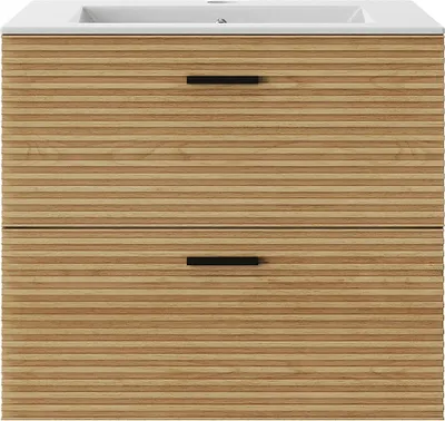 Produktbild von Badezimmermöbel geriffelt hängend mit Einbauwaschbecken - 2 Schubladen - Natur hell - 60 cm - SARONE