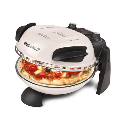 A cream-colored pizza oven with a pizza inside, shown on a white background.