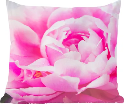 Produktbild von MuchoWow® Zierkissen Sofakissen Wohnzimmer Dekokissen 60x60 cm Nahaufnahme einer rosa Pfingstrose mit Blättern - Sitzfläche - Foto Polster