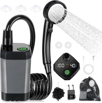 Produktbild von VHV Tragbare Campingdusche - 6000 mAh wiederaufladbare Campingduschepumpe - 4 Sprühstufen - IPX7 wasserdichte Außendusche - für Wandern, Reisen, Auto, Haustiere - Grau