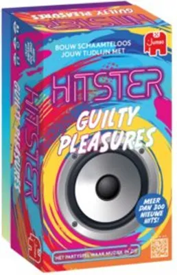 The image shows the front and side of a game box for 'Hitster Guilty Pleasures'.