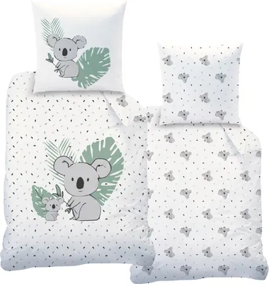 A set of bedding with a koala pattern.