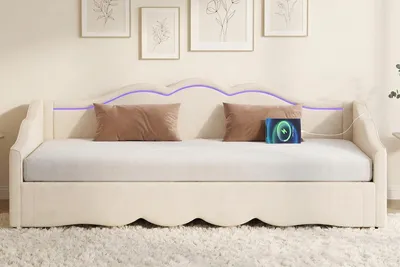 Produktbild von Tagesbett 90x200 cm ausziehbar auf 180 cm – Daybett in Beige Samt, mit LED & USB-Anschluss, Schlafsofa für Gästezimmer & Wohnzimmer
