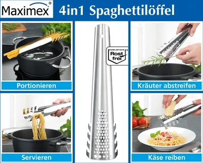 Immagine prodotto di Cucchiaio per spaghetti 4 in 1 Dimensioni: L: 6 cm x A: 26 cm x P: 4 cm Acciaio inossidabile