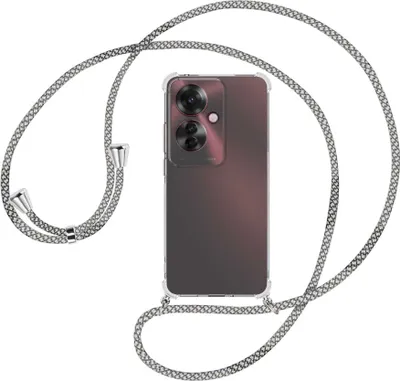 Produktbild von Handykette Backcover-Schutzhülle mit Band (Metall silberfarben) für Oppo Reno11 F 5G - weiß/grau kariert
