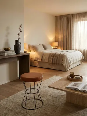 Eleganter Sitzhocker aus cognacbraunem Echtleder im Wohnzimmer, platziert auf einem Wollteppich neben einem modernen Sofa, schafft eine warme und einladende Atmosphäre._#sku_SAFWL6.093#