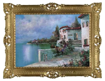Immagine prodotto di Elzusha - Dipinto "Villa sul lago", dimensioni 90x70 cm, con cornice barocca dorata