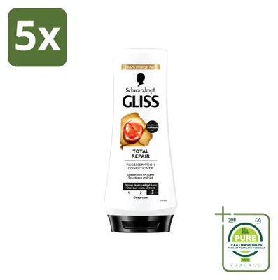 Immagine prodotto di 5 confezioni di balsamo riparatore totale Schwarzkopf Gliss, formato da 200 ml ciascuna. Confezione grande, composta da 5 pezzi