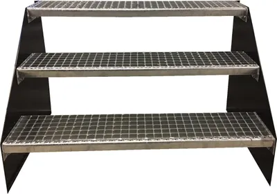 A three-step metal staircase with a grid pattern on the steps, set against a white background.