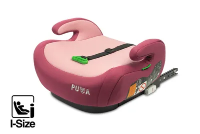 A child's car seat booster, colored pink and rose, is shown against a white background. The seat has a strap and armrests, and an "I-Size" certification icon is visible in the lower left corner.