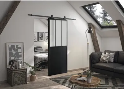 Produktbild von OPTIMUM ATELIER schwarzer Schiebetürsatz + sichtbare Schiene + Schienenabdeckung - 204 x 93 cm - Milchglas