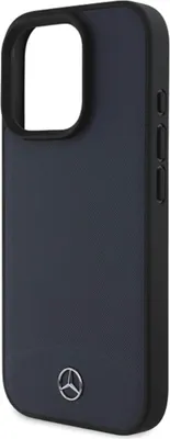 A dark gray iPhone case with a black border and a silver Mercedes-Benz logo on the back.
