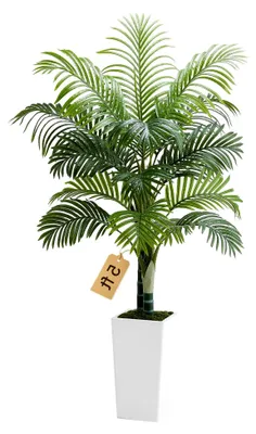 Produktbild von Künstliche Areca-Palme, 1,52 m, Tropische Kunstpalme mit hohem weißen Pflanzgefäß, Kunstseiden-Bodenpflanze im Topf, Kunstbaum für Veranden, Wohnzimmer, Terrassen, Zuhause, Büro