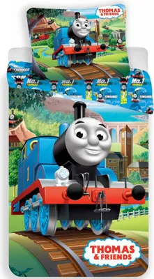 Produktbild von Kinder Wendebettwäsche Thomas & Friends Thomas Lokomotive Eisenbahn Schiene Bettdecke 140 x 200 cm + Kopfkissen 70 x 90 cm 100% Baumwolle