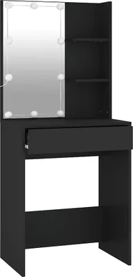 A black vanity table with a lighted mirror and a drawer.