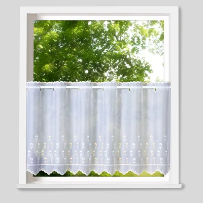 Produktbild von heimtexland ® Scheibengardine Voile Stickerei Tulpe Transparent Deko Gardine Landhaus bestickt Fensterdekoration BistrogardineTyp818 Weiß - Ecru HxB 30 x 148 cm