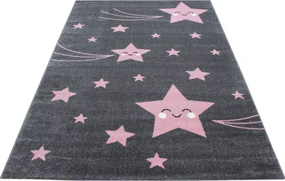 Produktbild von Kinder Teppich Kinderzimmer für Jungs und Mädchen Pink 200x290 weich Sterne-Design bunt aus Regenbogen Fußball uvm. Rechteck aus Polypropylen