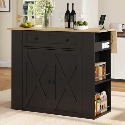 Image de Îlot de cuisine Merax avec plan de travail rabattable, chariot de service avec 2 portes et 1 tiroir, étagères ouvertes sur les côtés, prise électrique et port USB, espace café, couleur noire