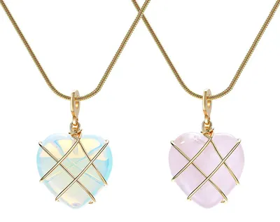 Produktbild von 2 Stück Opal Anhänger Kette, Opal Kette Damen, Rosenquarz Kette, Natürliche Lieb