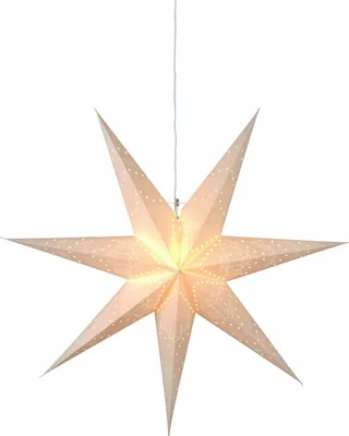 A white, seven-pointed star-shaped lamp with small perforations, hanging from a thin white cord against a white background.