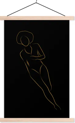 Produktbild von MuchoWow® Textilposter Frau - Gold - Strichzeichnung 40x60 cm mit holzfarbenen Rahmen - Poster