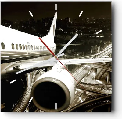 Produktbild von Wanduhr - Quadrat - Glasuhr - Flugzeug Straßen Stadt - 30x30cm - Schleichendes Uhrwerk - Lautlos - zum Aufhängen bereit - Dekoration Modern - Wanddekoration aus Glas - C3AC30x30-0180