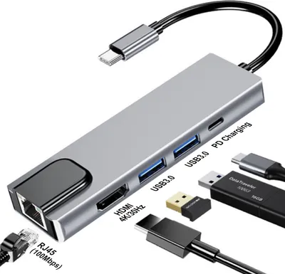 Produktbild von 5 IN 1 USB-C Typ-C auf HDMI RJ45 HUB TV Adapter 4K Kabel Splitter HUB für Macbook Samsung Huawei Phone Tablet