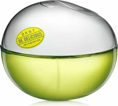 A close-up studio shot of a DKNY Be Delicious perfume bottle.