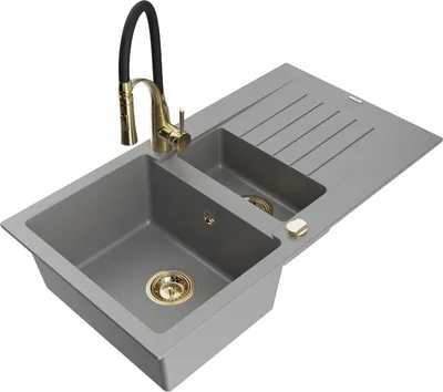 Produktbild von Mexen Matias 1,5-Becken-Granitspüle mit Abtropffläche und Mischbatterie Aster, Grau - 6502-71-73450-57-G