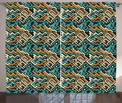 Produktbild von ABAKUHAUS Geometrisch Rustikaler Gardine, Surreale Zukunftslinien, Schlafzimmer Kräuselband Vorhang mit Schlaufen und Haken, 280 x 260 cm, Hellgelb Türkis Ringelblume