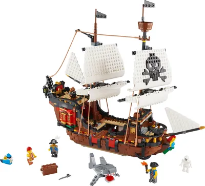 A LEGO pirate ship with several minifigures and accessories.