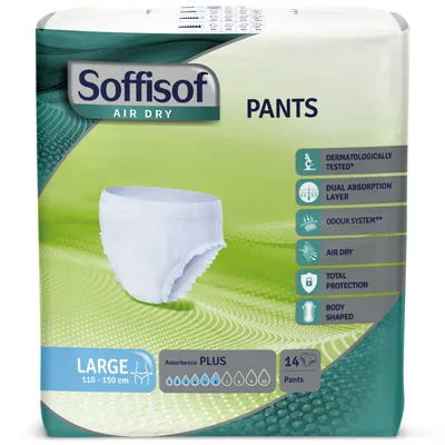 Obrázok produktu pre Soffisof Pants Plus L – 14x inkontinenčné nohavičky pre dospelých – 6 kvapiek – Veľkosť L (110 - 140 cm) – Jednotlivo balené