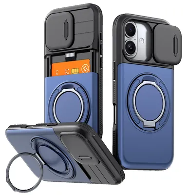 Obrázek produktu pro Pouzdro pro iPhone 17/iPhone 16 Pro, Přihrádkou na karty, posuvným krytem fotoaparátu, kroužkovým stojánkem Modrá