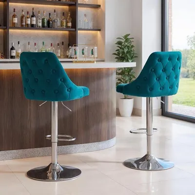 Image de Ensemble de 2 tabourets de bar, tabourets en velours, tabourets de cuisine réglables en hauteur, tabourets de comptoir pivotants, tabourets de bar avec repose-pieds, pour îlot de cuisine/bar, couleur bleue