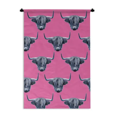 Produktbild von MuchoWow® Wandteppich Wandbehang Schottisches Hochlandrind - Muster - Grau 120x180 cm Tapisserie Dekoration Wandtuch - Schlafzimmer - Dekorationen für das Haus