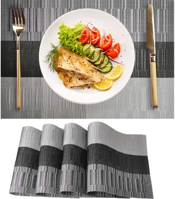 Produktbild von 4er Set Platzset,rutschfest Abwaschbar Tischsets PVC Abgrifffeste Hitzebeständig Platzdeckchen,Schmutzabweisend und Waschbare,Platz-Matten für Küche Speisetisch Black