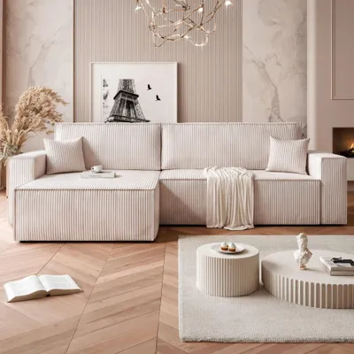 Obrázek produktu pro Rohová pohovka Mulri XL Poso 100, barva vanilka, potahová látka Cord, možnost rozložení na lůžko, univerzální design, úložný prostor