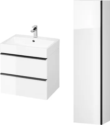 Produktbild von BADLAND Badmöbel Set VIRGO 60 Waschbecken-Unterschrank, Hochschrank 160x40x30, Türen mit Spiegel, Weiß, Schwarz Möbelgriffe