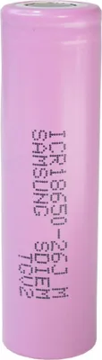 A single pink lithium-ion battery with text printed on it.