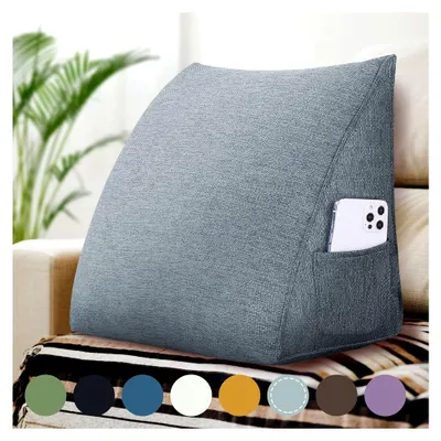 Produktbild von Keilkissen mit Seitentasche – Dreieckiges Rückenkissen für Bett und Sofa, Lesekissen mit Stützfunktion, Lendenkissen und Bücherkissen (Grau, 45 cm)