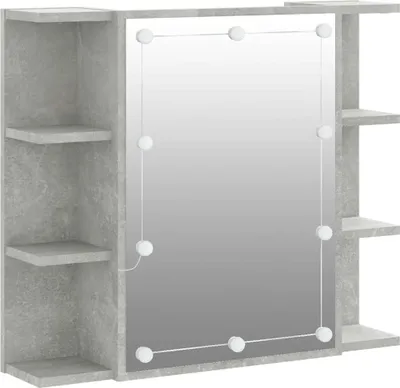 A product shot of a mirrored cabinet with LED lights and shelves.