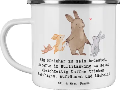 Produktbild von Mr. & Mrs. Panda Emaille Tasse Multitasking Erzieher - Weiß - Geschenk, Kaffeepott, Teetasse, kreative Geschenke, für Berufstätige, Beruf, Danke sagen, handgefertigte