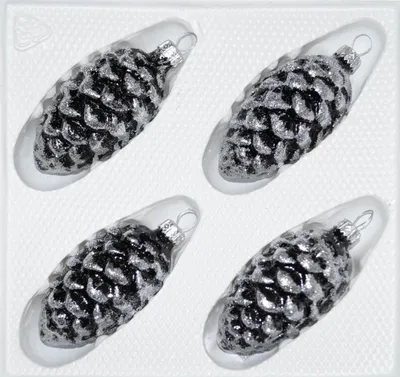 Produktbild von 4 tlg. Glas-Tannenzapfen Set in Hochglanz-Schwarz-Silberne-Ornamente