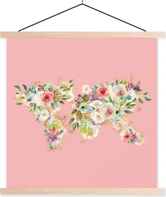 Produktbild von MuchoWow® Textilposter Weltkarte - Blumen - Pastell 60x60 cm mit holzfarbenen Rahmen - Wanddekoration