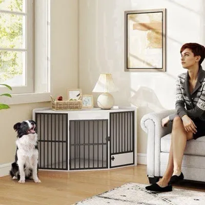 Zdjęcie produktu dla Klatka dla psa narożna - biały MDF i stal - 113x80x64 cm - dla małych i średnich psów - klatka dla zwierząt