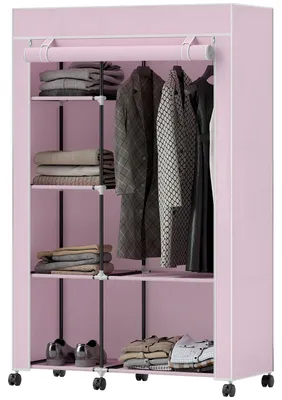 Produktbild von Stoffkleiderschrank mit 6 Rollen, Kleiderstange und offenen Regalen, 103 x 43 x 162,5 cm, rosa